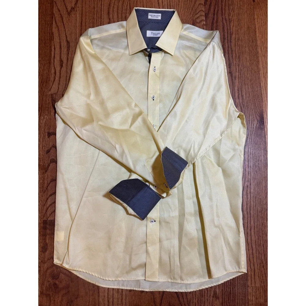 Tiglio Sport Mens Pale Yellow 100% Cotton Button Down Shirt Made in Italy - Picture 1 of 11